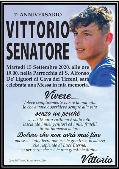 Un anno fa la morte del 16enne Vittorio Senatore: una messa per ricordarlo