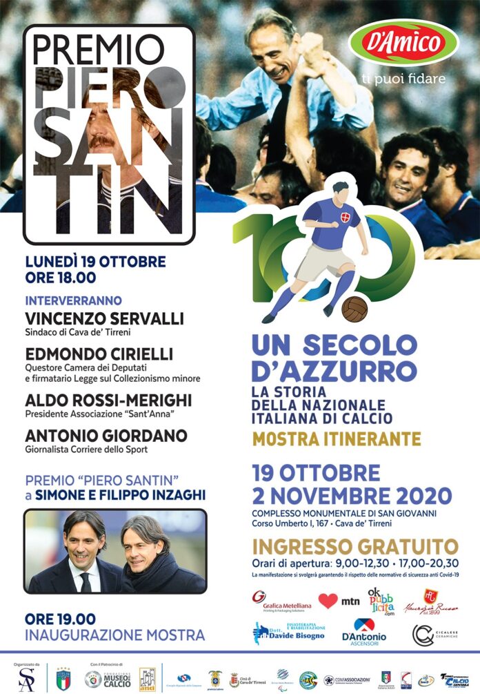 Cava, lunedì 19 ottobre al via la mostra antologica “Un Secolo d’Azzurro”: il Premio “Piero Santin” a Pippo e Simone Inzaghi