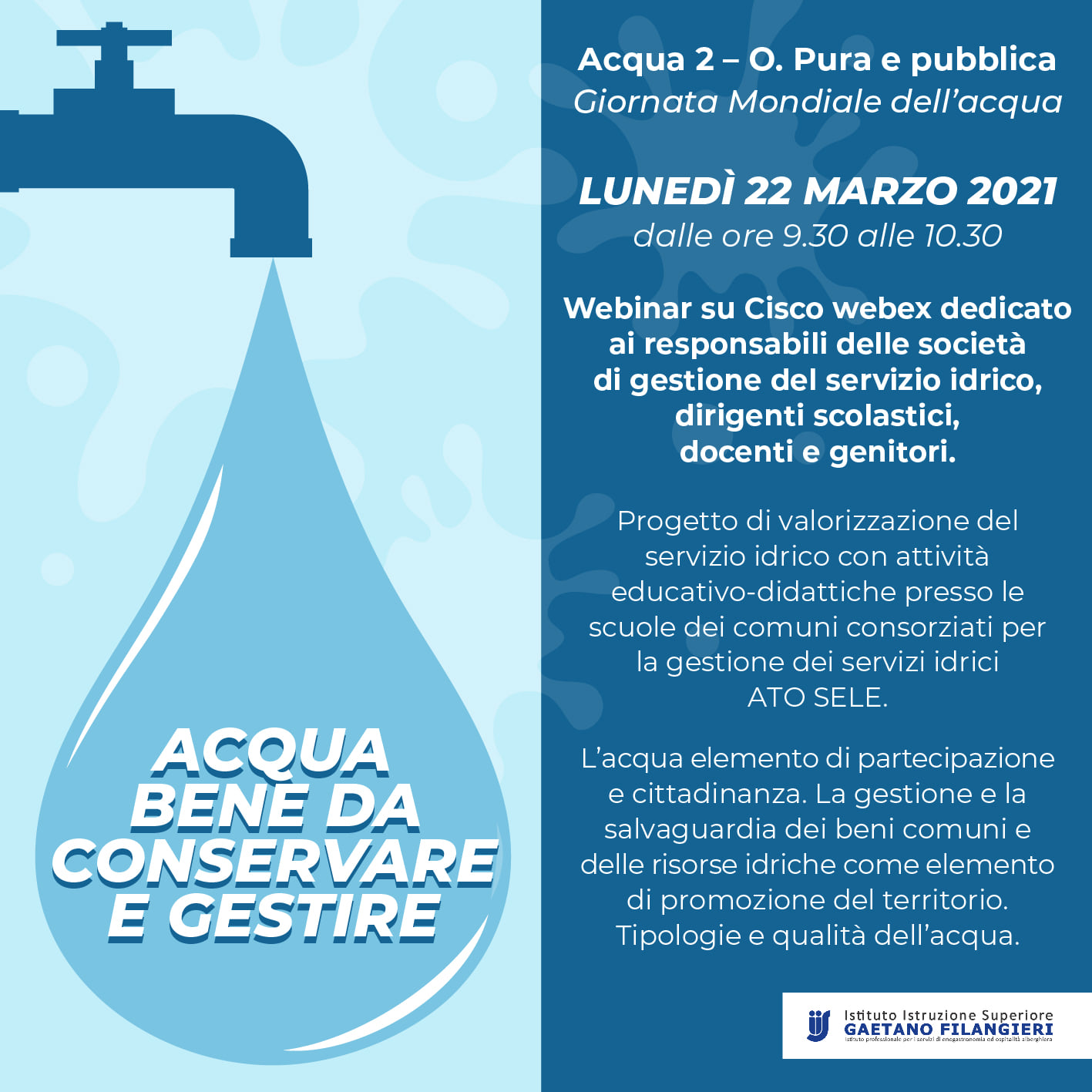 Giornata Mondiale dell’acqua, partecipa al webinar che si terrà Lunedì 22 Marzo